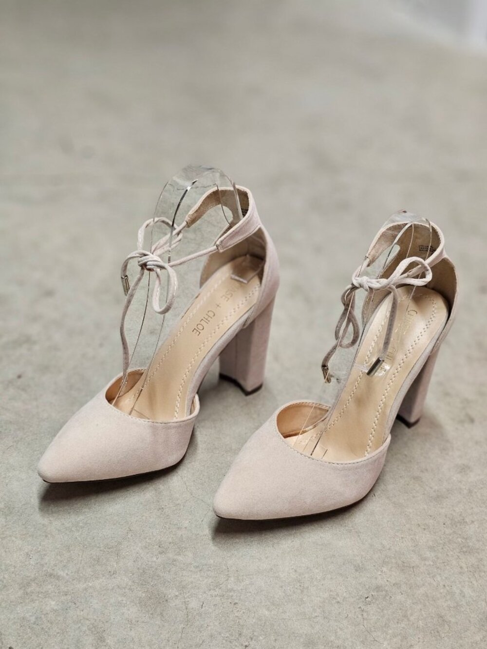 Ankle Strap Block Heel Suede Pumps In Nude Beige For Women